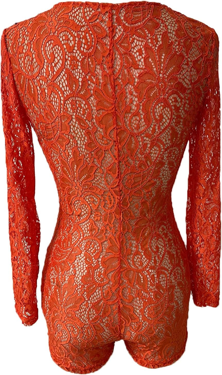 Women’S Jumpsuit Sexy Lace Long Sleeve Shortly Onesie V Neck Pajama Sets Overall One Piece Bodysuit Bodycon Romper (S, ORANGE)