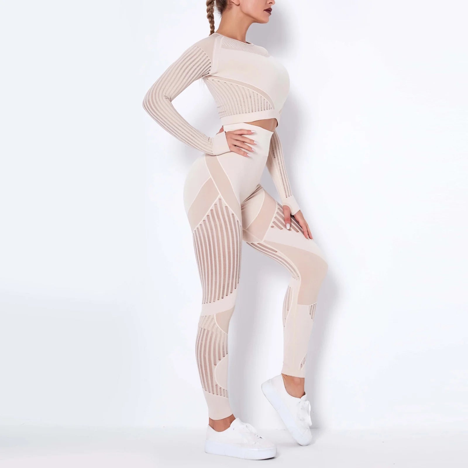 Workout Sets for Women Two Piece Outfits Seamless Striped Hollow Yoga Clothes Hip Quick-Drying Fitness Suit 27-Khaki L