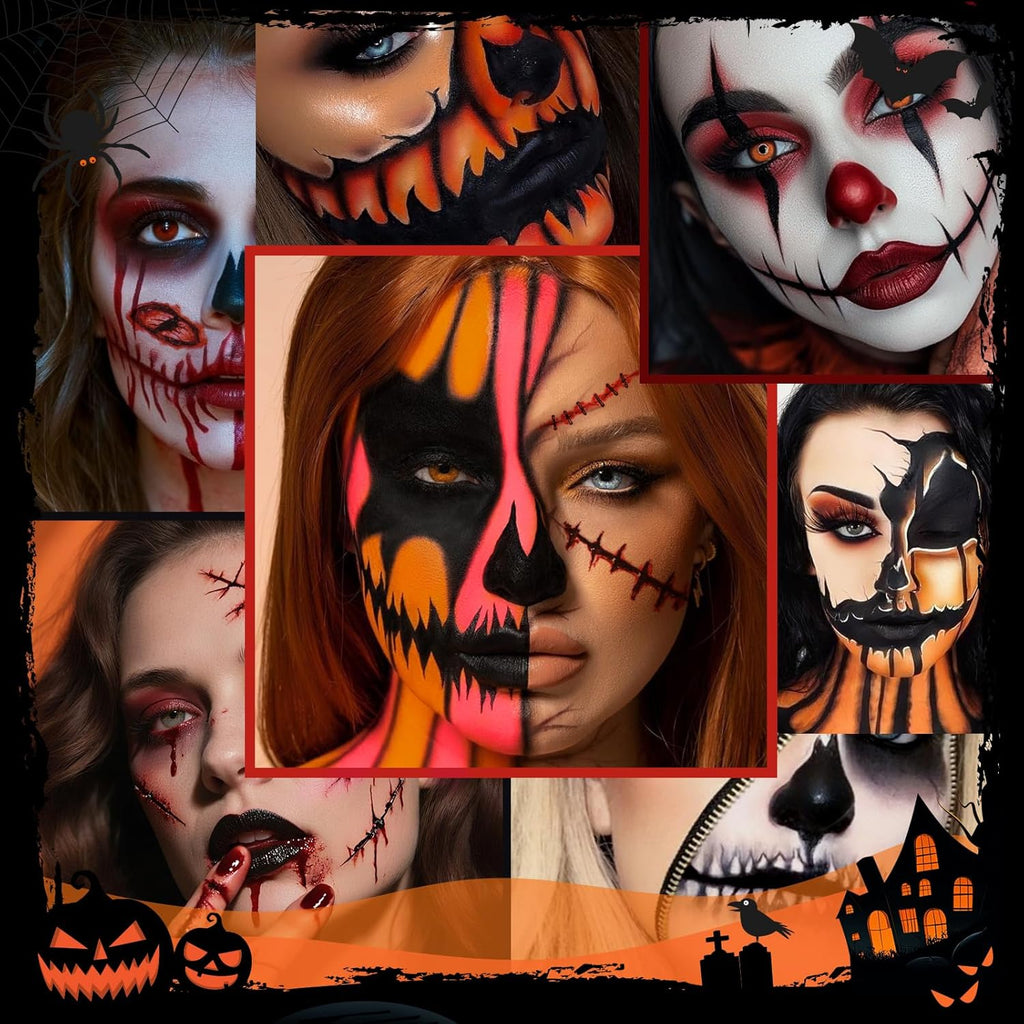 Makeup Brush Set,5Pcs Halloween Goth Makeup Brushes Powder Contour Eyeliner Brow Eyeshadow Brush Set with 9 Colors Halloween Eyeshadow Palette,1Pc Makeup Sponge Puff&3Pcs Halloween Scar Tattoo