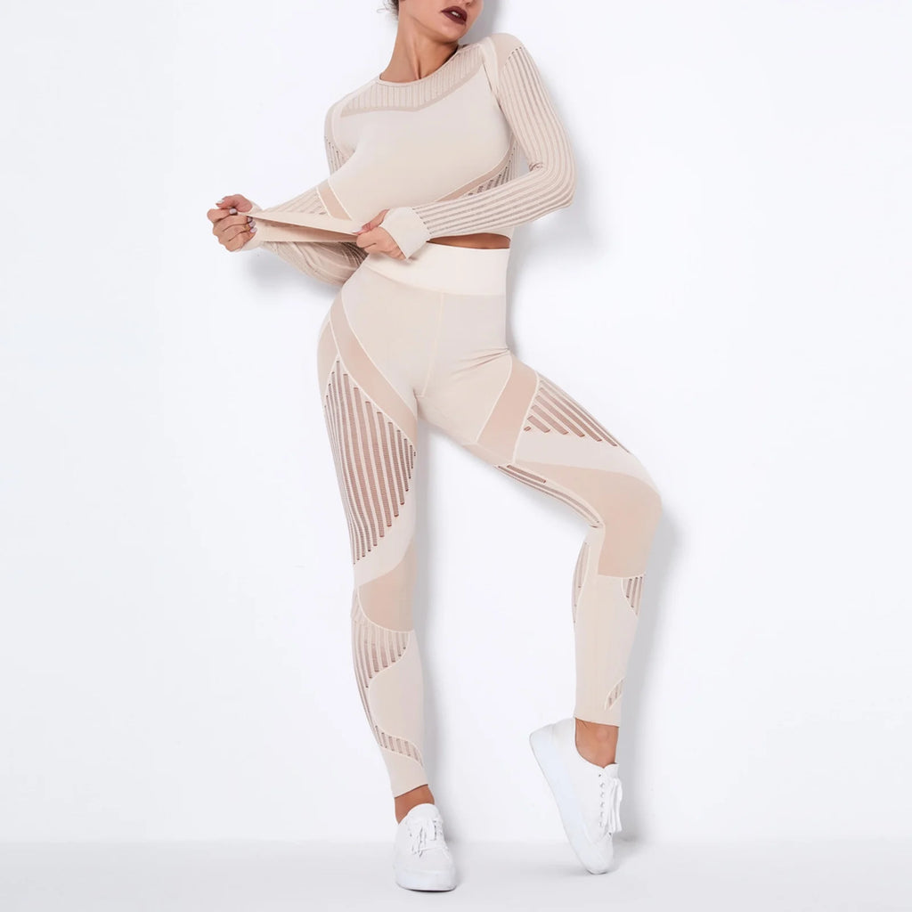 Workout Sets for Women Two Piece Outfits Seamless Striped Hollow Yoga Clothes Hip Quick-Drying Fitness Suit 27-Khaki L