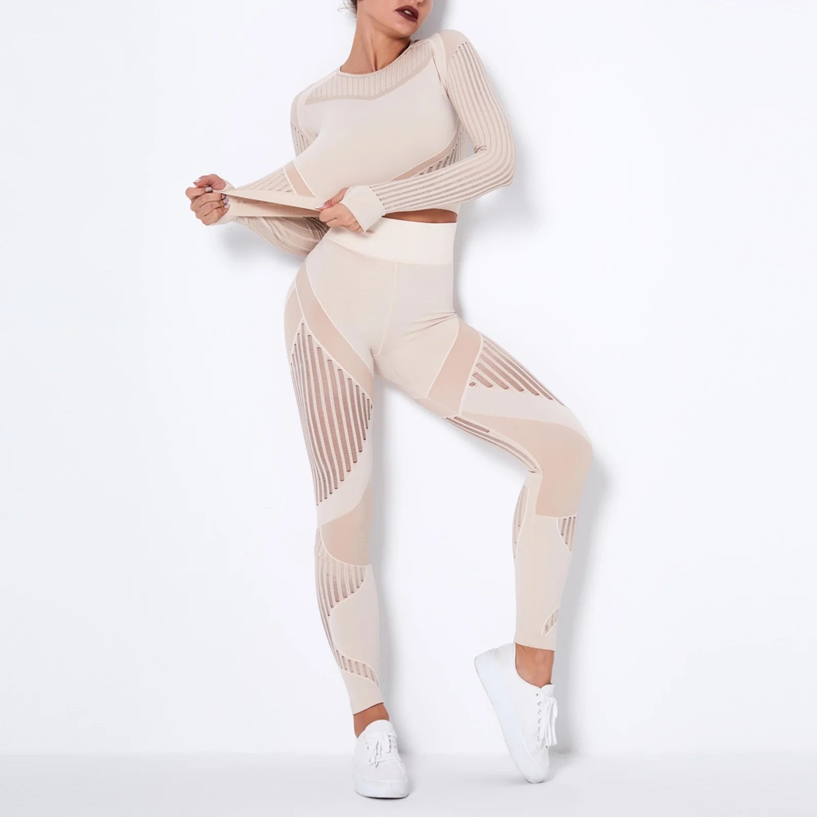 Workout Sets for Women Two Piece Outfits Seamless Striped Hollow Yoga Clothes Hip Quick-Drying Fitness Suit 27-Khaki L