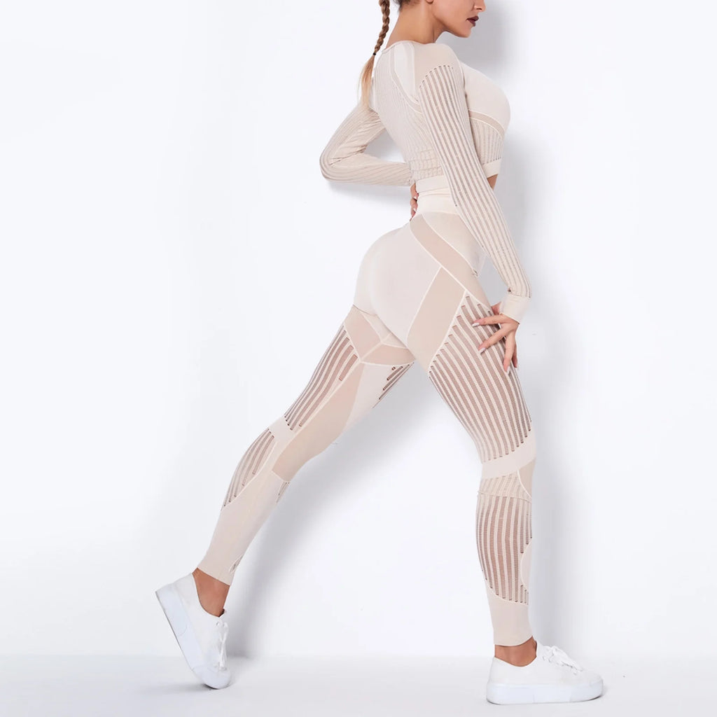 Workout Sets for Women Two Piece Outfits Seamless Striped Hollow Yoga Clothes Hip Quick-Drying Fitness Suit 27-Khaki L