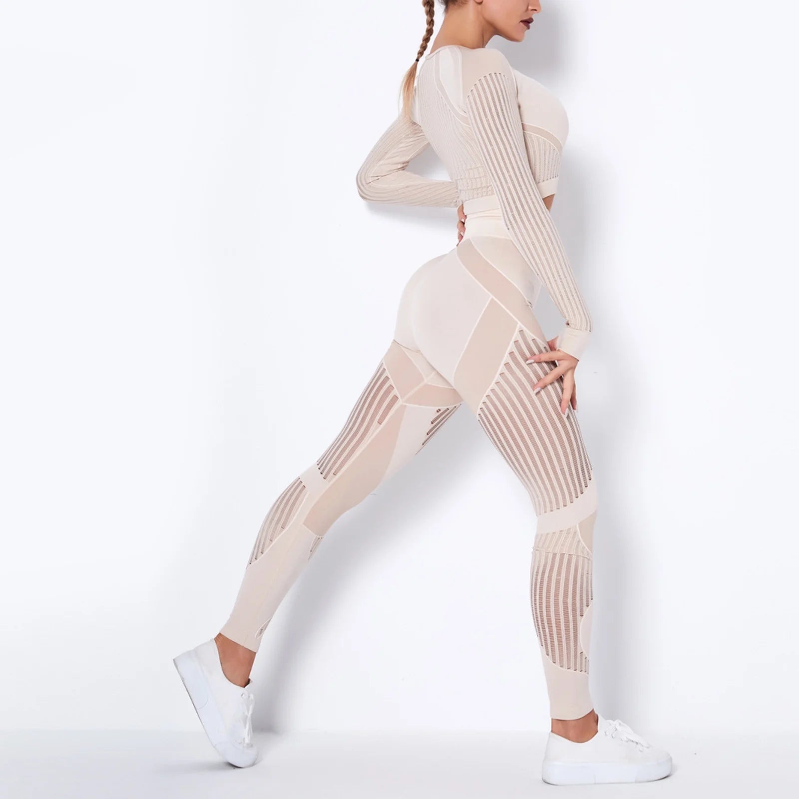 Workout Sets for Women Two Piece Outfits Seamless Striped Hollow Yoga Clothes Hip Quick-Drying Fitness Suit 27-Khaki L