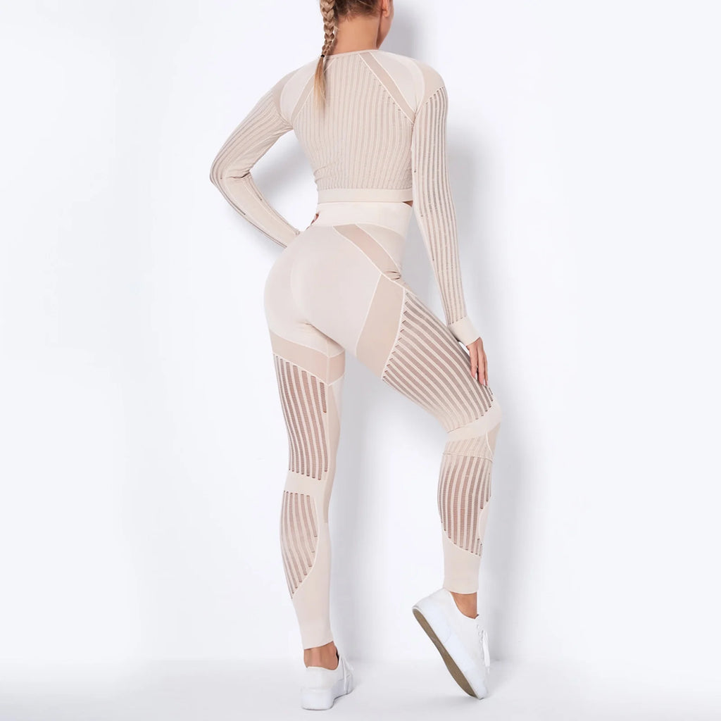 Workout Sets for Women Two Piece Outfits Seamless Striped Hollow Yoga Clothes Hip Quick-Drying Fitness Suit 27-Khaki L