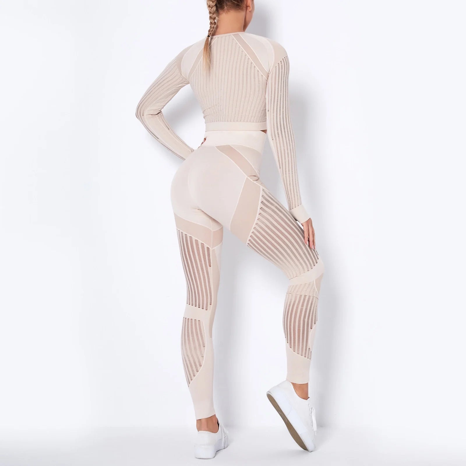 Workout Sets for Women Two Piece Outfits Seamless Striped Hollow Yoga Clothes Hip Quick-Drying Fitness Suit 27-Khaki L