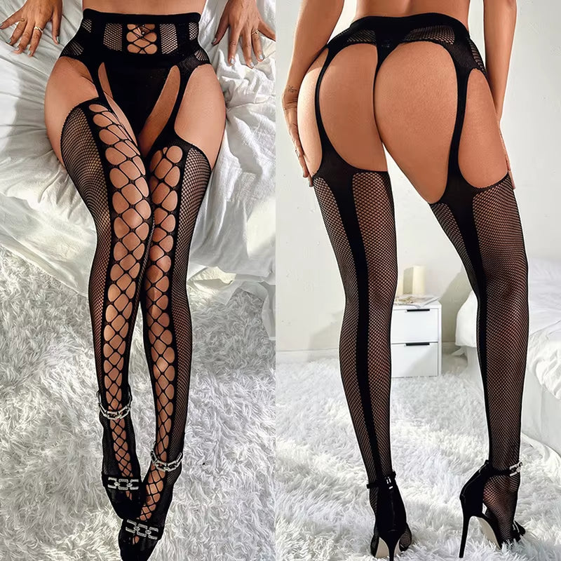 Plus Size Sexy Bodystockings for Women Lingerie Bodysuit Fishnet Open Crotchless Catsuit Mesh Tights Erotic Babydoll Teddies
