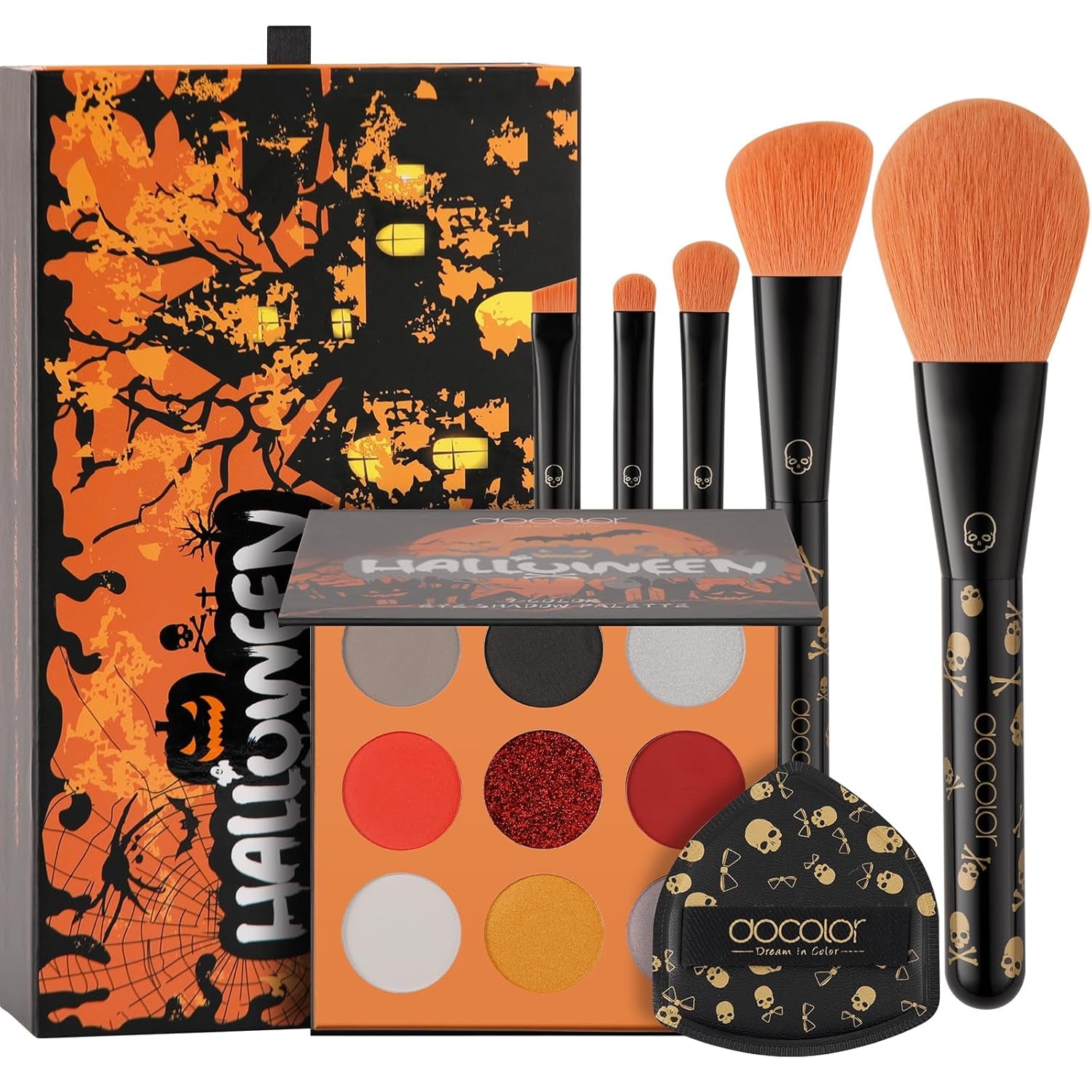 Makeup Brush Set,5Pcs Halloween Goth Makeup Brushes Powder Contour Eyeliner Brow Eyeshadow Brush Set with 9 Colors Halloween Eyeshadow Palette,1Pc Makeup Sponge Puff&3Pcs Halloween Scar Tattoo