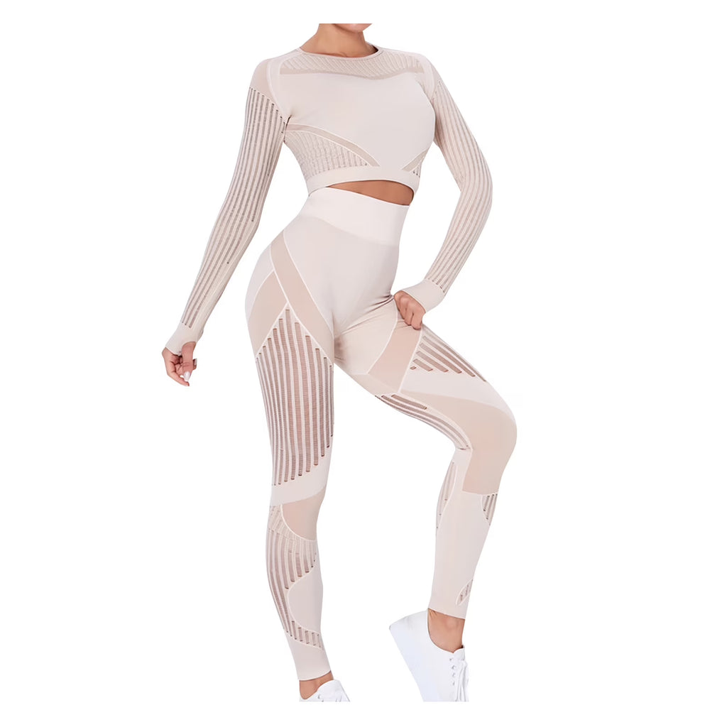 Workout Sets for Women Two Piece Outfits Seamless Striped Hollow Yoga Clothes Hip Quick-Drying Fitness Suit 27-Khaki L