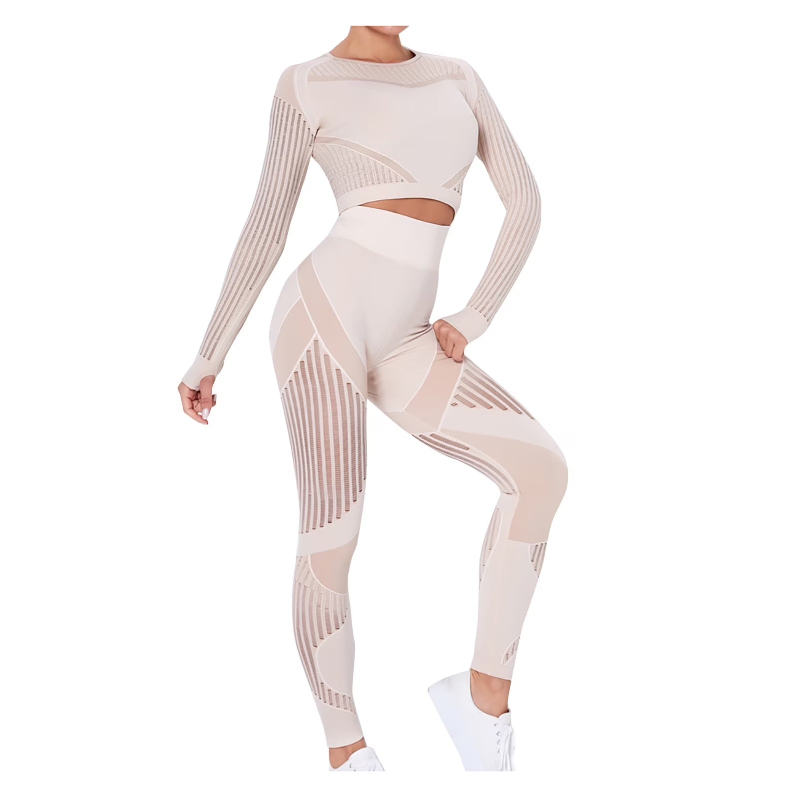 Workout Sets for Women Two Piece Outfits Seamless Striped Hollow Yoga Clothes Hip Quick-Drying Fitness Suit 27-Khaki L