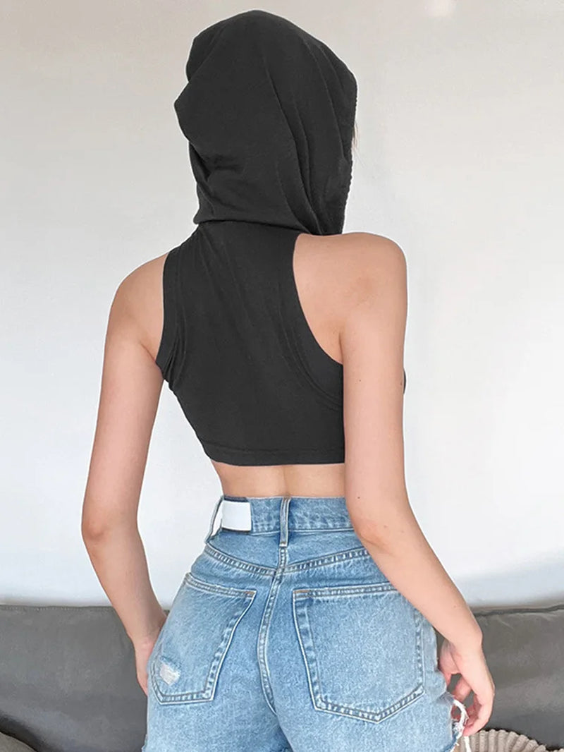 Hooded Soild Silm Sexy Tanks for Women Clothes Streetwear Sleeveless Y2K Crop Tops Mouthpieces Short Crossover Design Hot Mujer