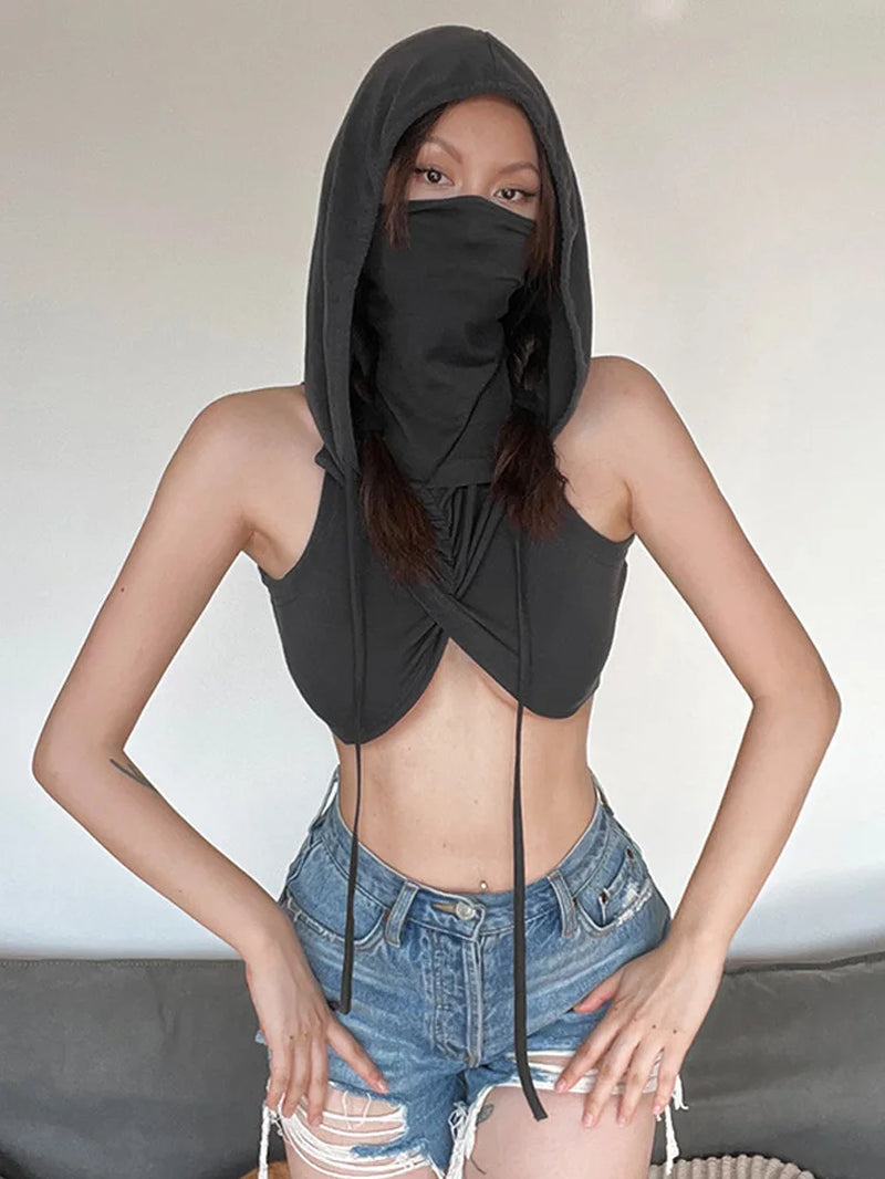 Hooded Soild Silm Sexy Tanks for Women Clothes Streetwear Sleeveless Y2K Crop Tops Mouthpieces Short Crossover Design Hot Mujer
