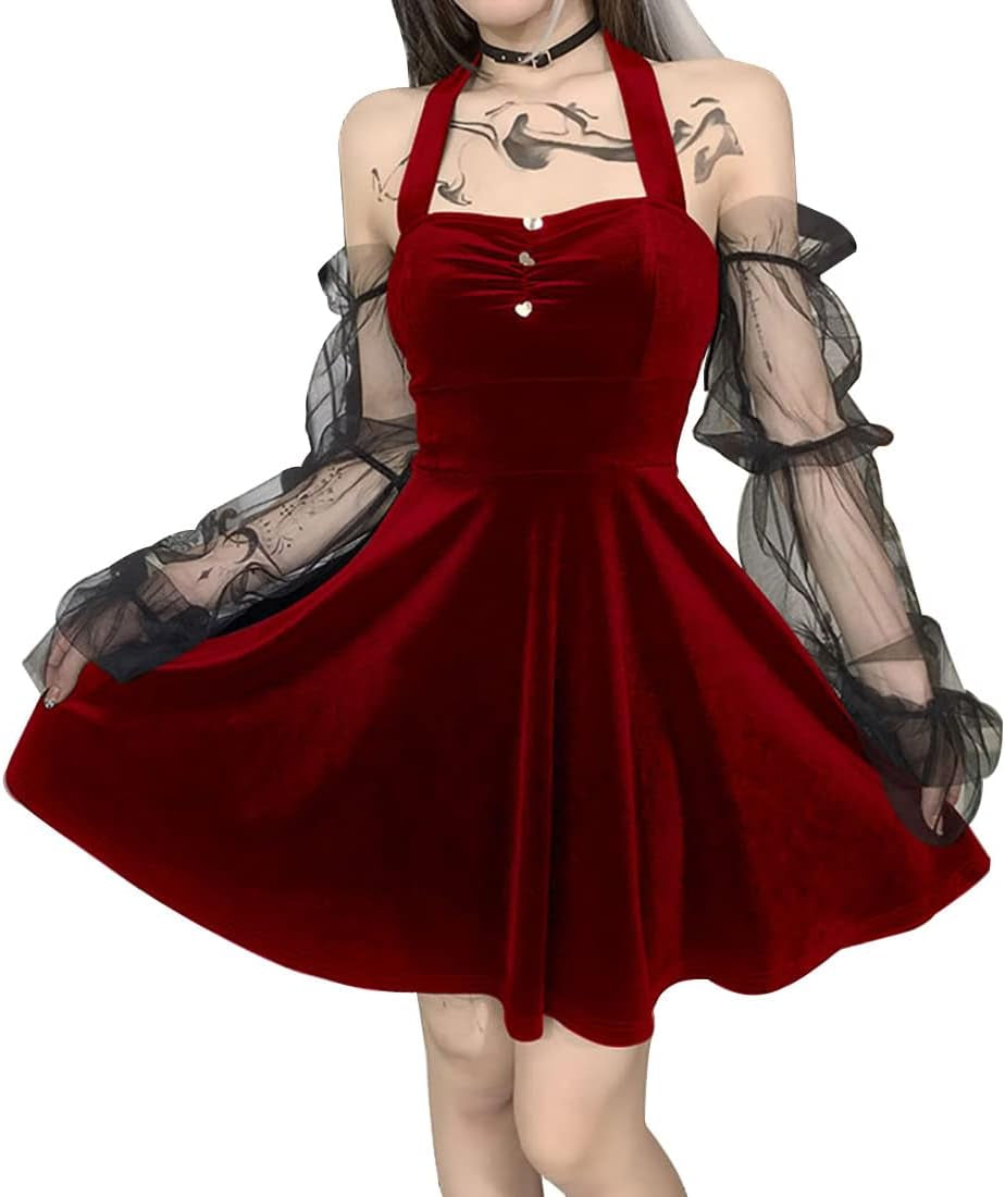 Womens Gothic Velvet Mini Dresses - off the Shoulder Patchwork Lace Long Sleeve Dress - Emo & Alt Style