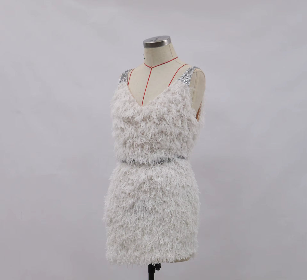 Spring New Wedding Dress Women Clothing Solid Color White Sexy V-Neck Feathers Puffy Bodycon Mini Dress Party Clubwear