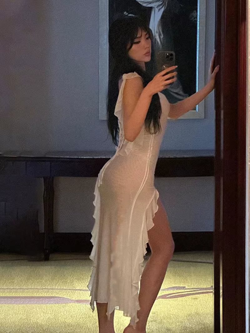 Bodycon Dress See through Y2K Clothes Sleeveless Vestidos De Mujer Spaghetti Strap White Club Outfits for Women Sexy Streetwear