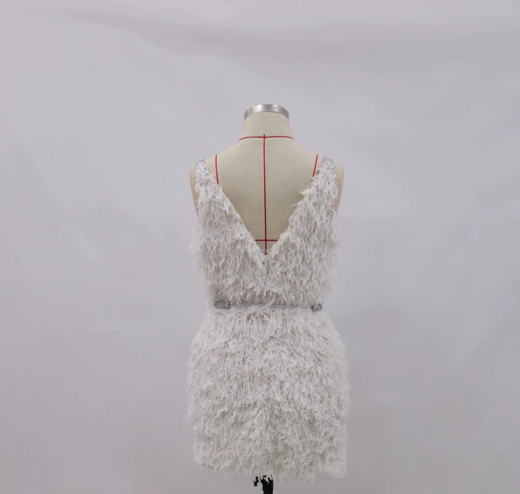 Spring New Wedding Dress Women Clothing Solid Color White Sexy V-Neck Feathers Puffy Bodycon Mini Dress Party Clubwear