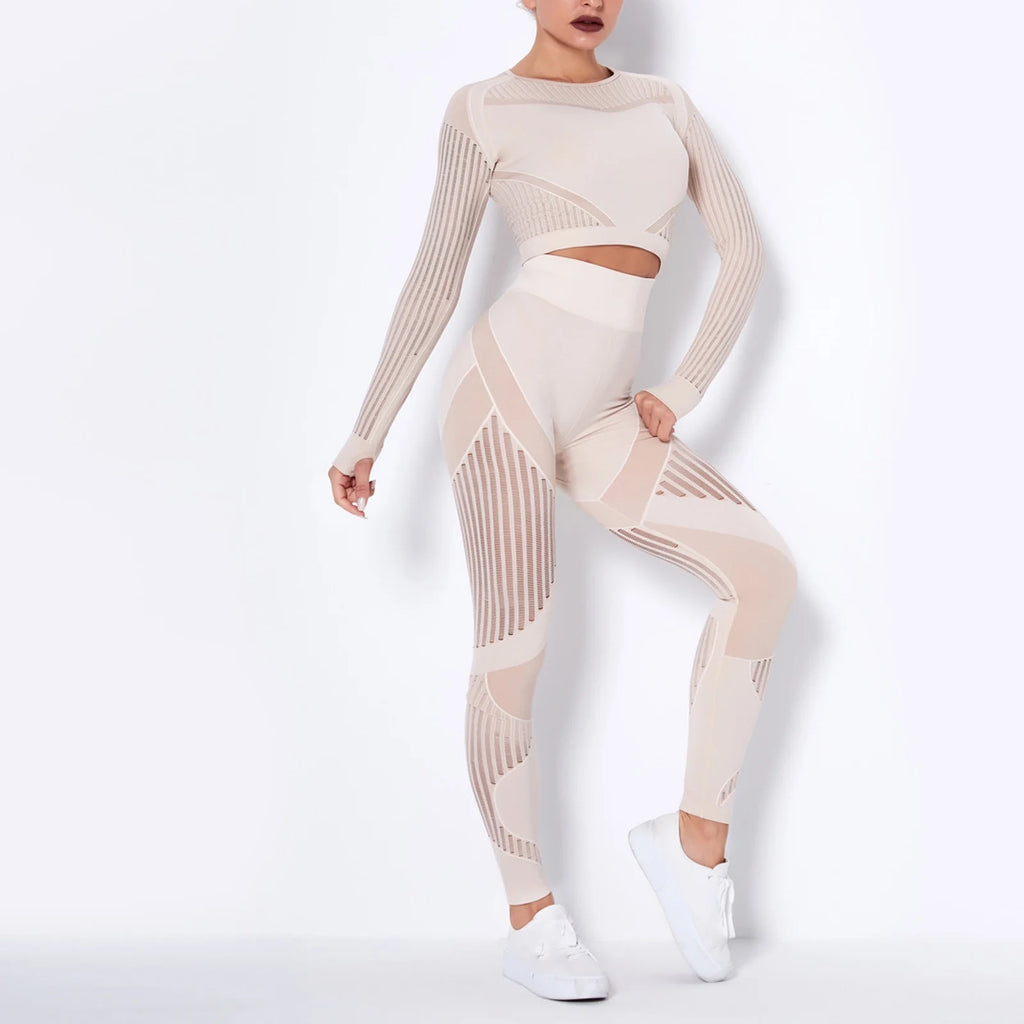 Workout Sets for Women Two Piece Outfits Seamless Striped Hollow Yoga Clothes Hip Quick-Drying Fitness Suit 27-Khaki L