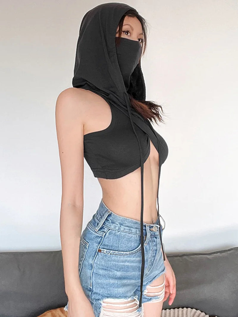 Hooded Soild Silm Sexy Tanks for Women Clothes Streetwear Sleeveless Y2K Crop Tops Mouthpieces Short Crossover Design Hot Mujer
