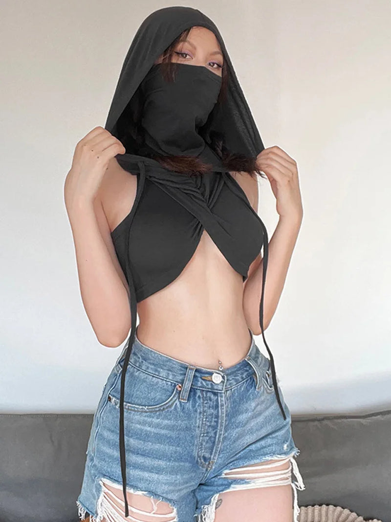 Hooded Soild Silm Sexy Tanks for Women Clothes Streetwear Sleeveless Y2K Crop Tops Mouthpieces Short Crossover Design Hot Mujer