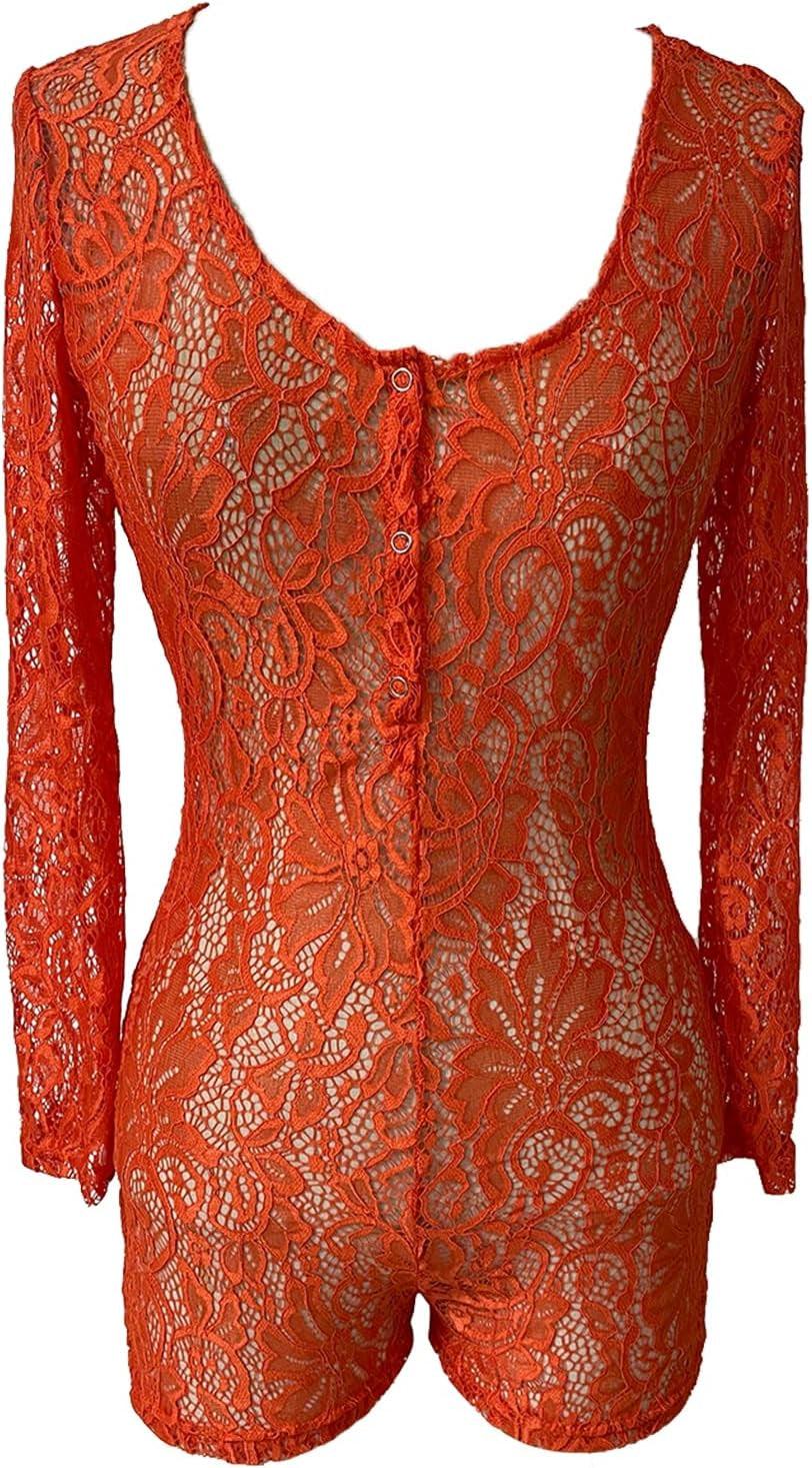 Women’S Jumpsuit Sexy Lace Long Sleeve Shortly Onesie V Neck Pajama Sets Overall One Piece Bodysuit Bodycon Romper (S, ORANGE)