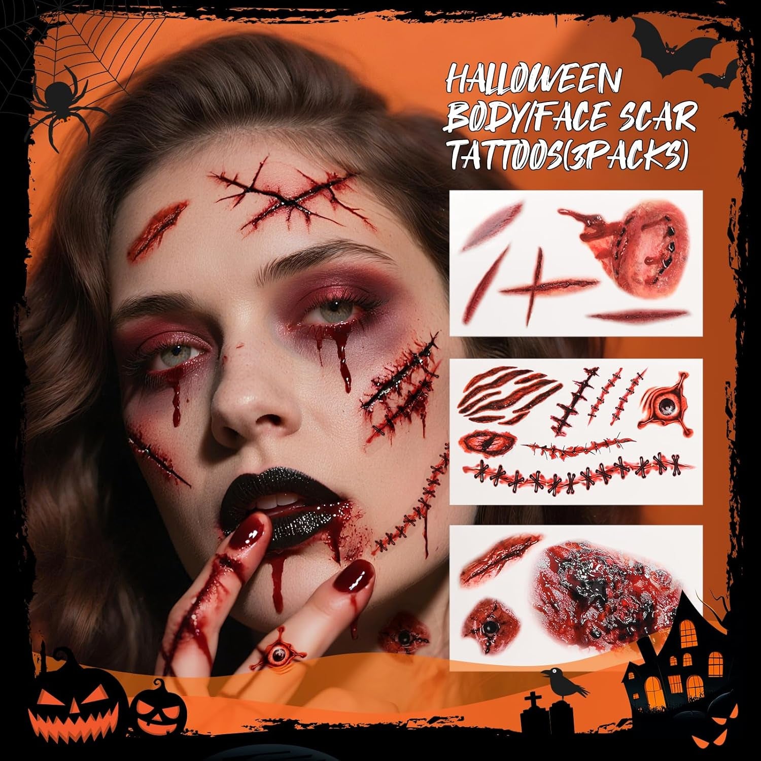 Makeup Brush Set,5Pcs Halloween Goth Makeup Brushes Powder Contour Eyeliner Brow Eyeshadow Brush Set with 9 Colors Halloween Eyeshadow Palette,1Pc Makeup Sponge Puff&3Pcs Halloween Scar Tattoo