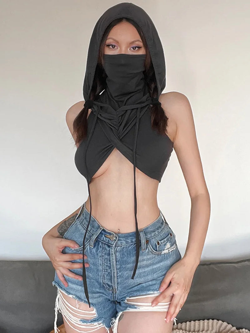 Hooded Soild Silm Sexy Tanks for Women Clothes Streetwear Sleeveless Y2K Crop Tops Mouthpieces Short Crossover Design Hot Mujer