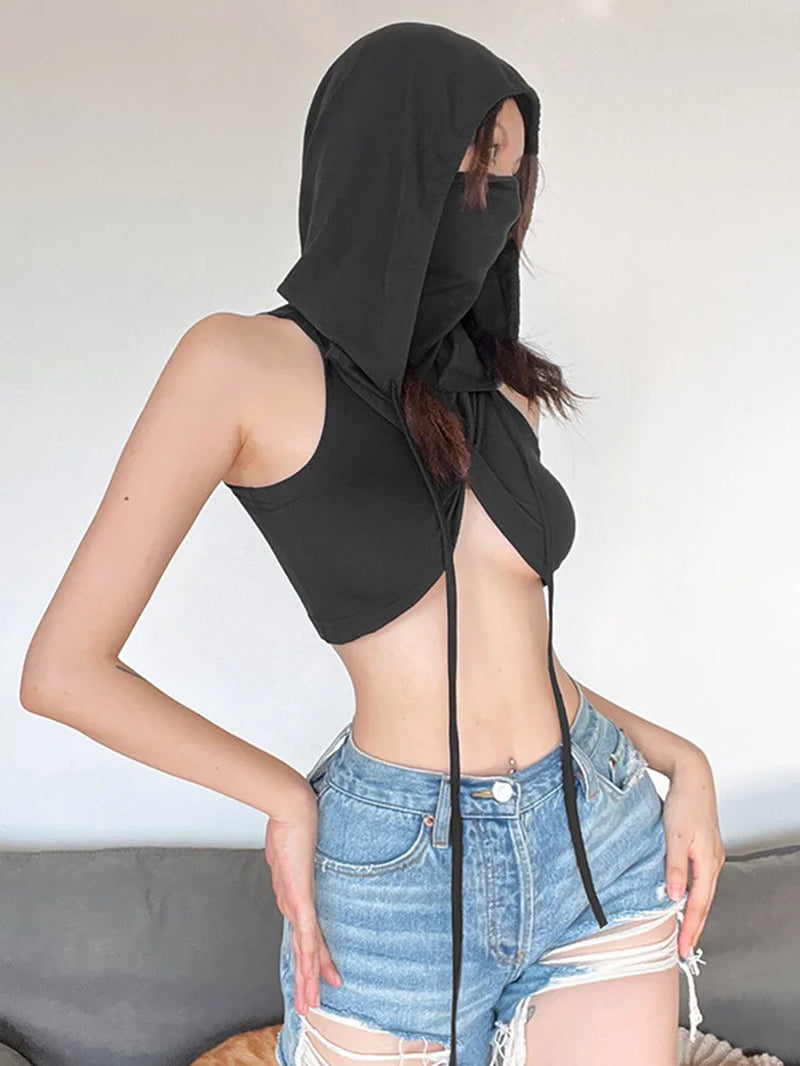 Hooded Soild Silm Sexy Tanks for Women Clothes Streetwear Sleeveless Y2K Crop Tops Mouthpieces Short Crossover Design Hot Mujer