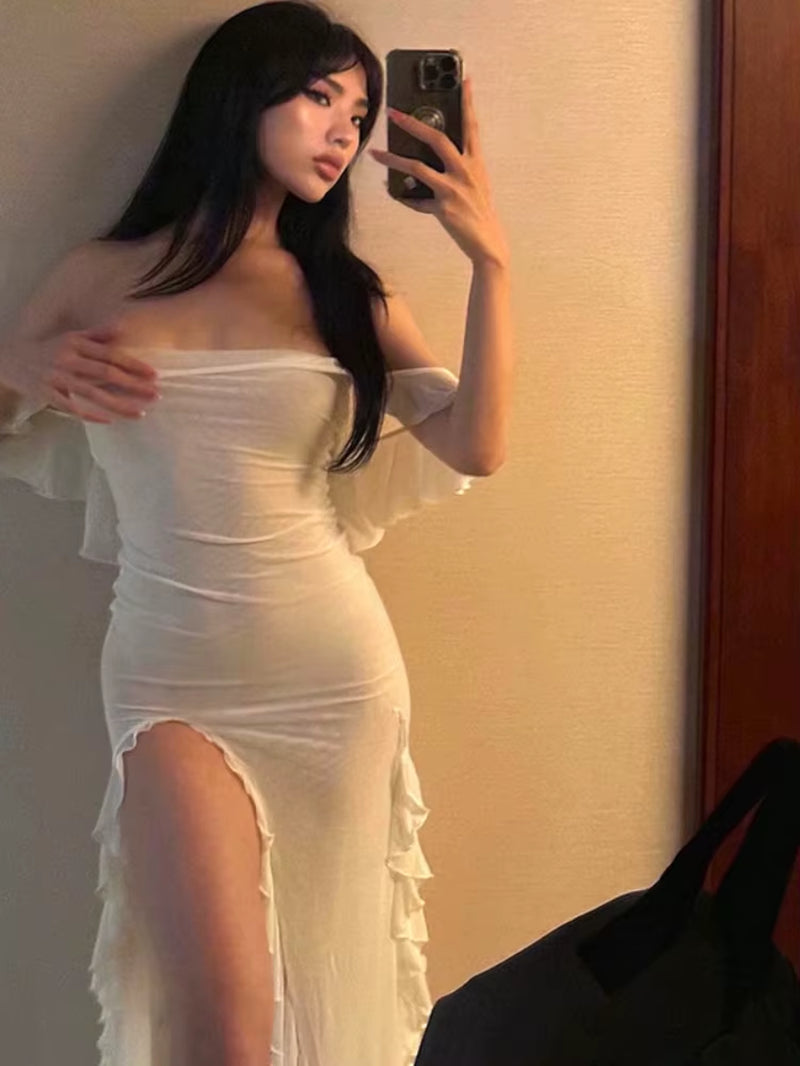 Bodycon Dress See through Y2K Clothes Sleeveless Vestidos De Mujer Spaghetti Strap White Club Outfits for Women Sexy Streetwear