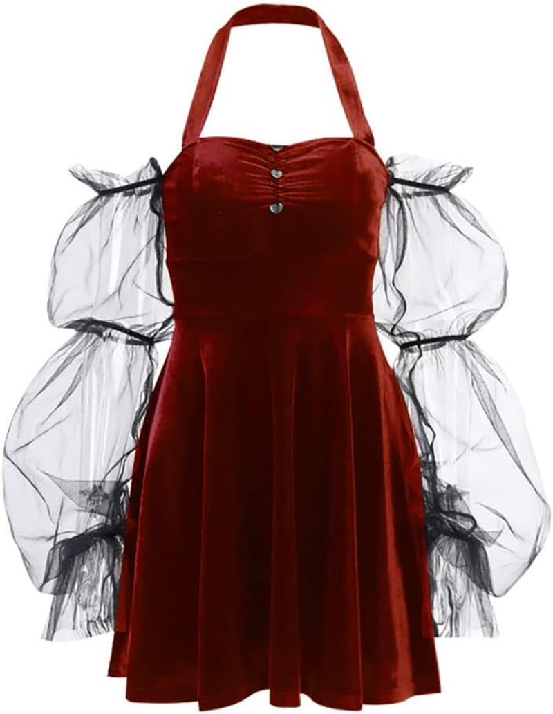 Womens Gothic Velvet Mini Dresses - off the Shoulder Patchwork Lace Long Sleeve Dress - Emo & Alt Style